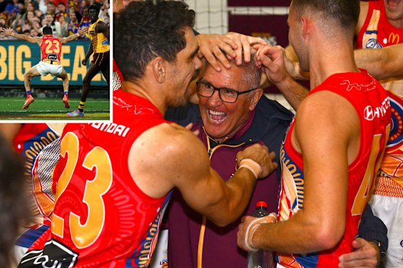 Charlie Cameron and Brisbane Lions teammates show their love for coach Chris Fagan, and (inset) Cameron performs an Indigenous dance on field.