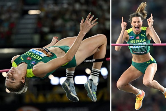 Australians Eleanor Patterson (left) and Nicola Olyslagers both won medals in the women’s high jump at the world championships in Budapest.