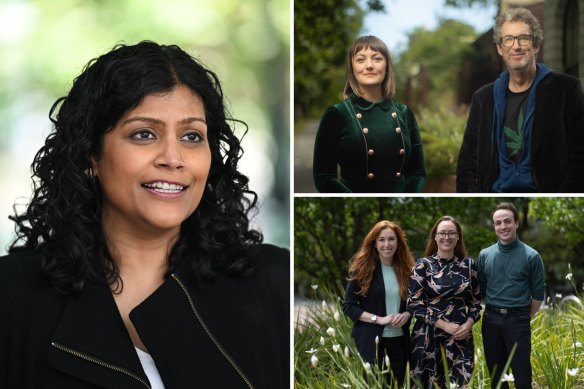 The new kingmakers. Clockwise from left: Greens leader Samantha Ratnam, Legalise Cannabis MPs David Ettershank and Rachel Payne, and upper house Greens MPs Sarah Mansfield, Katherine Copsey and Avi Puglielli.