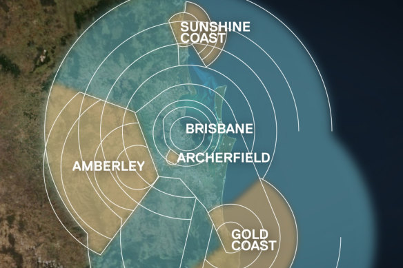 Airspace boundaries across south-east Queensland.