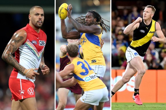 Gone but not forgotten: Lance “Buddy” Franklin, Nic Naitanui and Jack Riewoldt.