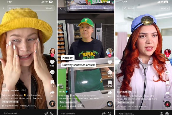 Australian TikTok stars Maddy MacRae, Millie Ford and Ella Watkins in paid partnership videos.