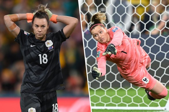 The pressure was on goalkeepers Mackenzie Arnold (left), of Australia, and France’s Solene Durand (right) when the World Cup quarter-final went down to a penalty shootout