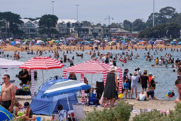 Cabanas are among the accessories on the shore of Williamstown Beach in Melbourne.