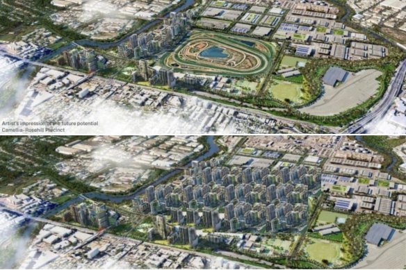 Top: The former government’s planned Camellia development next to the Rosehill Racecourse, ditched in favour of redeveloping Rosehill. Bottom: Councillor Michelle Garrard’s impression of what the Rosehill development would look like. “I just did it up,” she told the Herald.