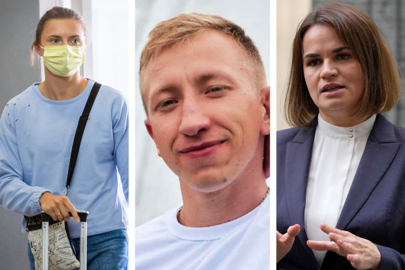 From left: Krystsina Tsimanouskaya, Vitaly Shishov and Sviatlana Tsikhanouskaya