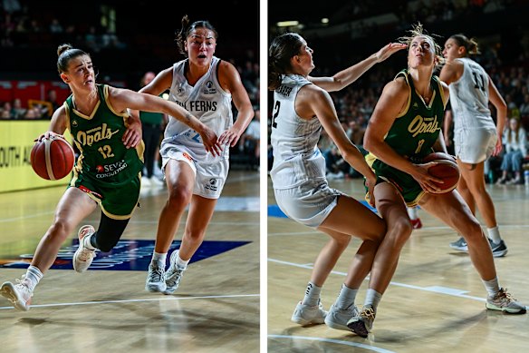 Stephanie Reid and Sara Blicavs of the Opals in action during the Trans-Tasman Throwdown match between against the New Zealand Tall Ferns.