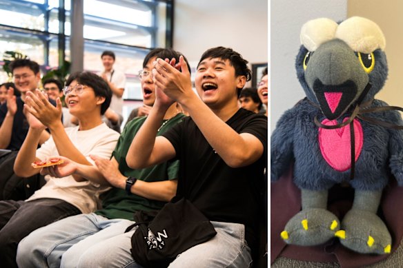 North Sydney Boys students at their celebration on Thursday, left, and their plush toy mascot, Don the Falcon. 