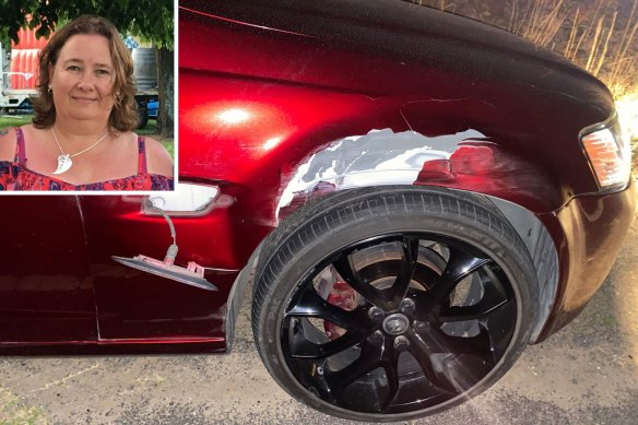 The damage to Tina Venables’ (inset) car after she hit a deer on Jervis Bay Road in September.
