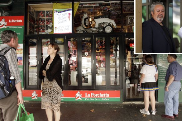 Customers outside a closed La Porchetta in 2010 on the day then-owner Rocco Pantaleo (inset) was killed in a motorcycle crash in St Kilda.