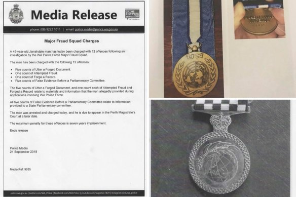Clockwise from left: The statement almost a year after the first revelations (seven of the 14 charges were later dropped after it was deemed not in the public interest to pursue them); photos of medals Urban provided to the parliamentary inquiry, supposedly for his service in Cyprus; a close-up of a Police Overseas Service Medal. 