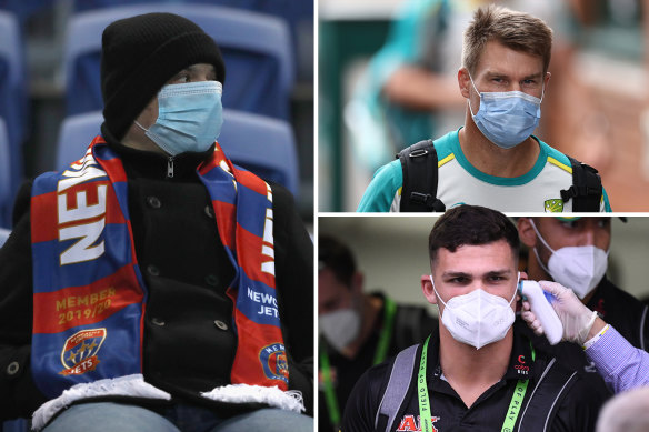 A newcastle Jets fan, Australian cricketer David Warner and NRL player Nathan Cleary wearing masks to combat COVID-19. 