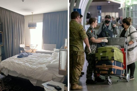 A hotel room where overseas travellers are quarantined, left, and defence personnel meet people arriving in Australia from overseas.