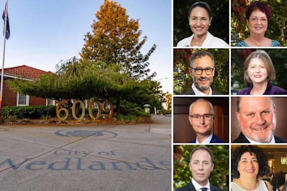 The City of Nedlands is under investigation by WA’s workplace safety watchdog. Left to right from top left: Mayor Fiona Argyle, Deputy Mayor Kerry Smyth, councillors Blane Brackenridge, Rebecca Coghlan, Ben Hodsdon, Noel Youngman, Fergus Bennett and Hengameh Amiry. Hodsdon, Youngman, Amiry and Bennett all resigned within hours of each other on Monday, triggering an intervention by the state government.