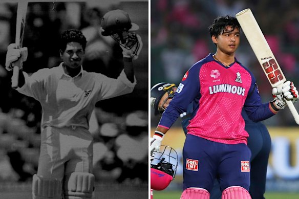 Sachin Tendulkar playing for India as an 18-year-old in 1992 and (right) Vaibhav Suryavanshi making his mark on the IPL this year as a 15-year-old.