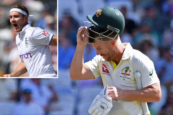 David Warner walks off Headingley after being dismissed again by his nemesis Stuart Broad (inset).