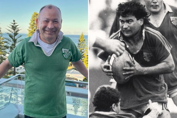 Jones in his old Randwick jersey, in 2022, and playing against Warringah in 1987.