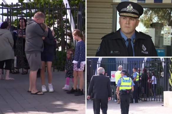 Students, parents and police at Atlantis Beach Baptist College after the shooting, and WA Police Commissioner Col Blanch (top right).