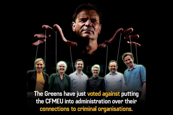 A meme from the social media campaign Labor is plotting against the Greens, tying them to former CFMEU boss John Setka.