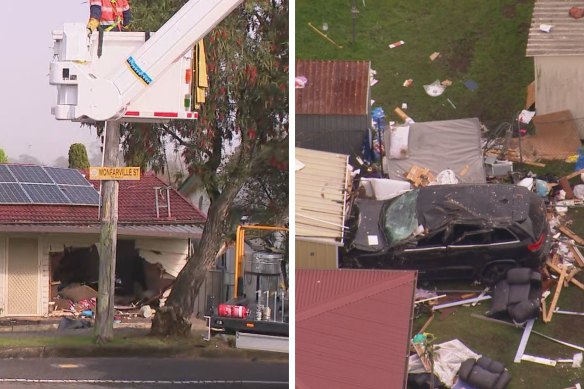 Police and emergency services at the scene of the crash on Saturday morning. 