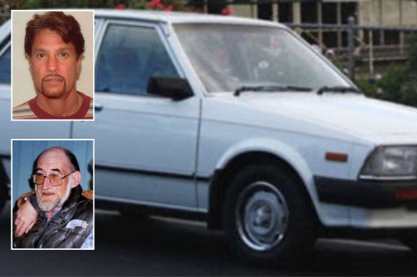 The white Ford Laser or a white Toyota Corona sedan police are seeking; Inset: Hogg (top) and Rosson.