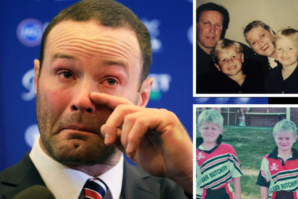 Boyd Cordner does it tough at his retirement announcement. Inset, with mum Lanai, dad Chris and brother Dane; and the boys in their junior footy days.