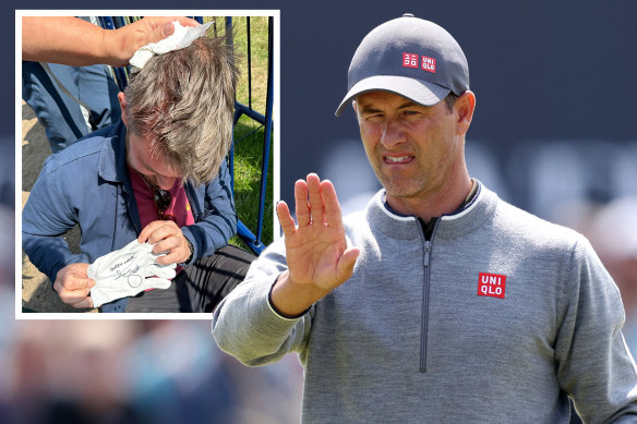 Adam Scott and, inset, British Open spectator Christopher Ineson with the glove given to him by the Australian.