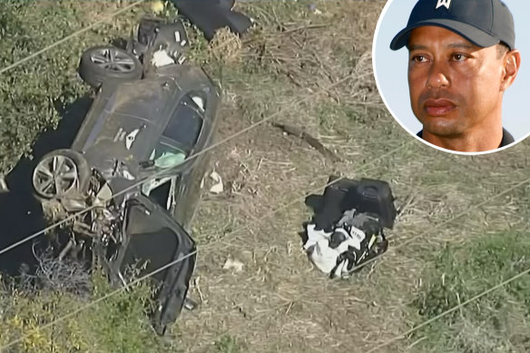 Tiger Woods and the scene of his roll-over car crash in Los Angeles.
