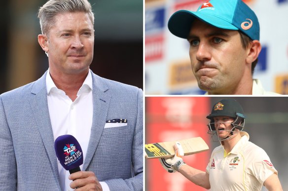 Clockwise from main: Michael Clarke, Pat Cummins and Steve Smith.