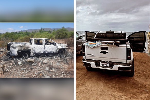 From left: A burnt-out ute found in the search for missing Perth brothers Jake and Callum Robinson in Mexico and a picture of the ute they were travelling in that Callum posted on Instagram.
