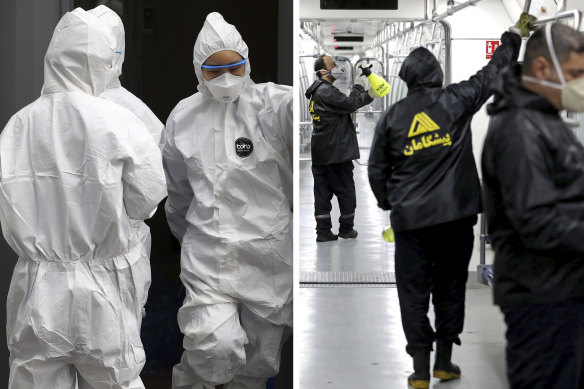 Left: Officials wearing protective attire work to diagnose people with suspected symptoms at a hospital in Daegu. Right: Workers disinfect subway trains in Tehran on Wednesday morning.
