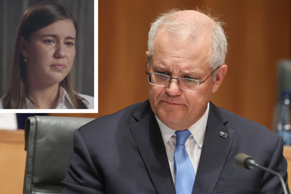 Prime Minister Scott Morrison has apologised to Brittany Higgins, inset, over her treatment in Parliament House.