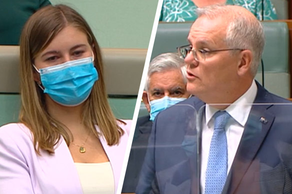 Brittany Higgins and Scott Morrison in Parliament this afternoon.