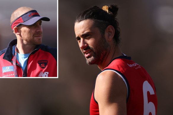 Brodie Grundy on the training track. Inset: Coach Simon Goodwin.