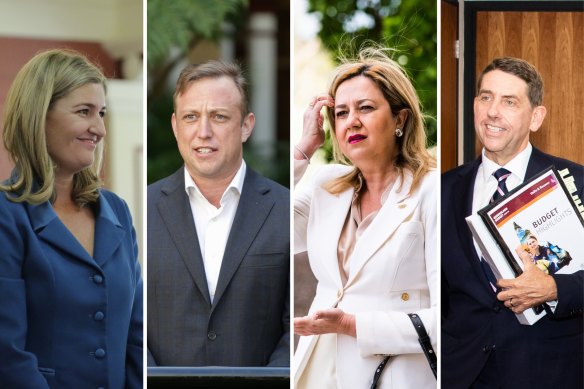 Both Shannon Fentiman (left) and Steven Miles (second-left) are members of Queensland Labor’s dominant Left faction and seen as future potential leaders after Annastacia Palaszczuk, alongside Treasurer Cameron Dick (far right) of Palaszczuk’s smaller Right faction.