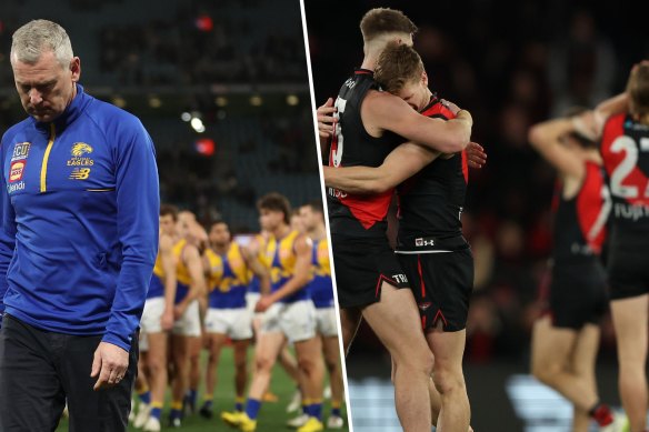 Heartbreak and relief: West Coast coach Adam Simpson and the celebrating Bombers.