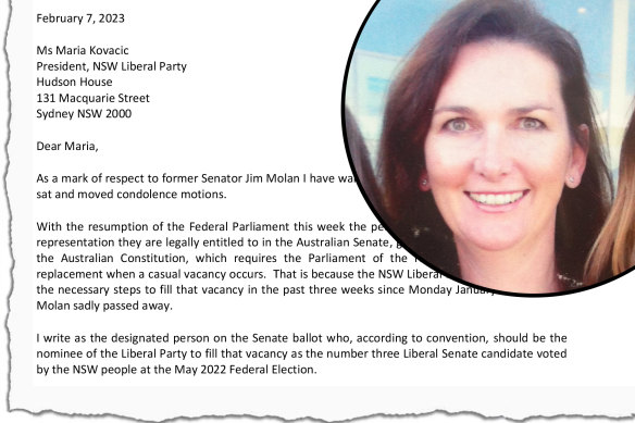 Mary-Lou Jarvis wrote to the NSW Liberal Party president to insist she is the rightful successor to the late Jim Molan.