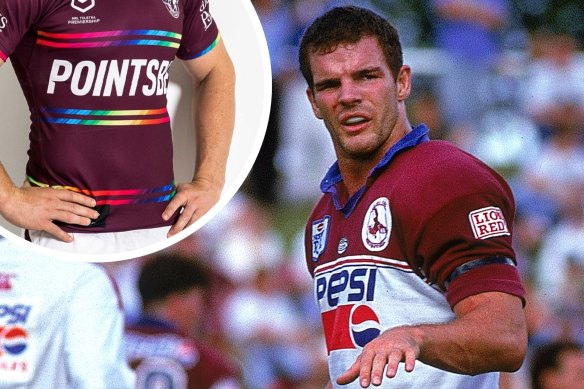 Ian Roberts during his playing days at Manly in the 1990s and, inset, the club’s pride jersey.