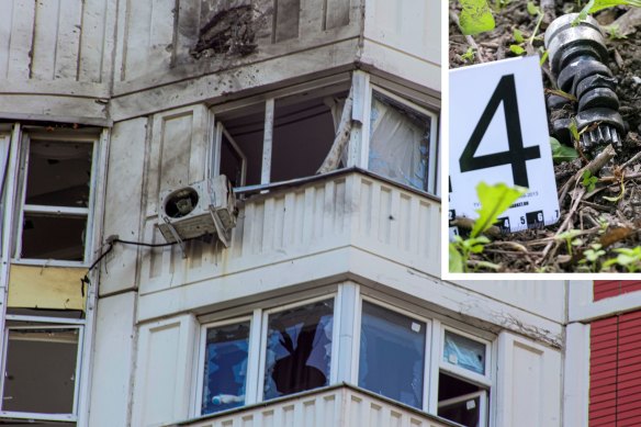 The apartment block in Moscow that was reportedly damaged by a Ukrainian drone, and inset, the drone. 