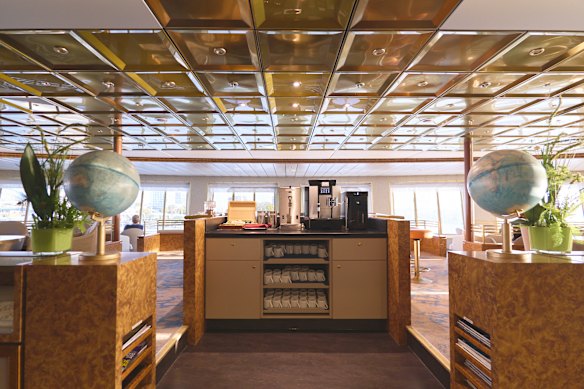 The ship’s observation lounge and library.