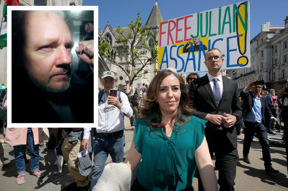 Stella Assange, wife of Wikileaks founder Julian Assange (inset), leaves the High Court in London in May.