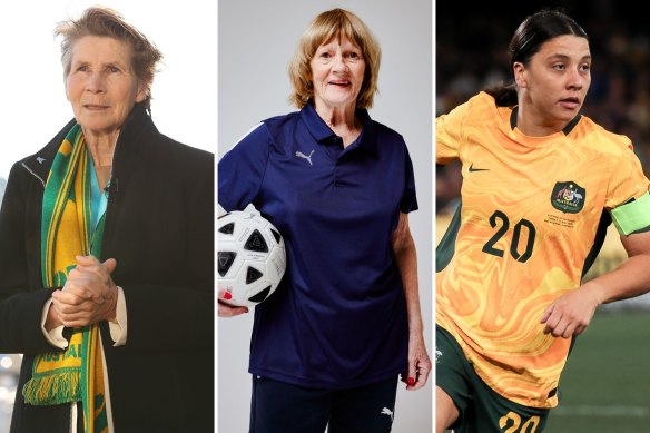 Inaugural Matildas captain Julie Dolan, 1975 representative Trixie Tagg, and current Australia skipper Sam Kerr.