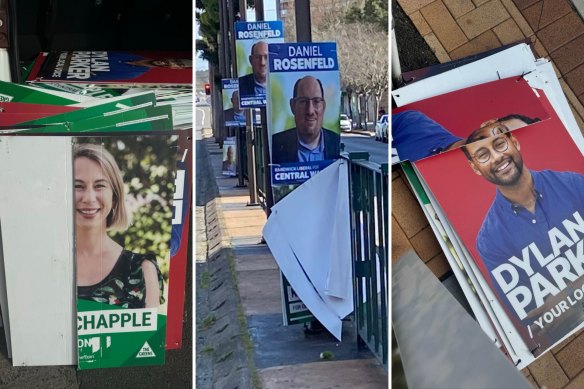 Left and right: the sliced-up corflute posters around Maroubra Junction. Centre: the only posters left standing.