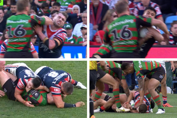 Clockwise from top left: 33rd minute - Burgess hits Angus Crichton; 42nd minute - Burgess collects Joseph Suaalii; 51st minute - Waerea-Hargreaves slams Burgess’ head into the ground; 61st minute - Tevita Tatola rubs Egan Butcher’s face into the turf, sparking a melee.