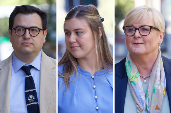 David Sharaz, Brittany Higgins (centre) and Linda Reynolds engaged in mediation talks on Tuesday.