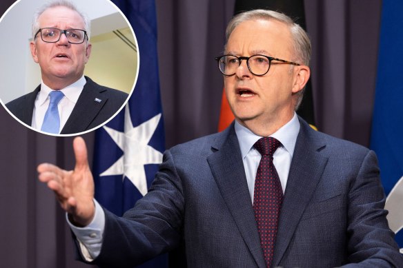 PM Anthony Albanese and inset, Scott Morrison. 