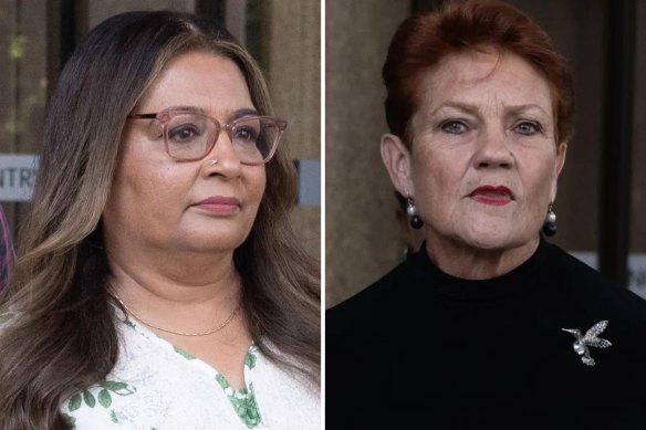 Mehreen Faruqi and Pauline Hanson outside the Federal Court in Sydney in April.