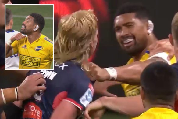 Ardie Savea scraps with Carter Gordon earlier this year, which led to the throat-slitting gesture.