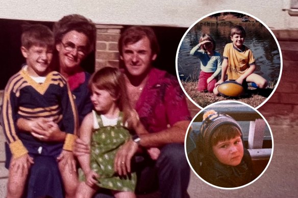 Brad Arthur with his grandmother Joy, sister Kelly and father Ted (left) and wearing his Eels gear as a child (inserts).