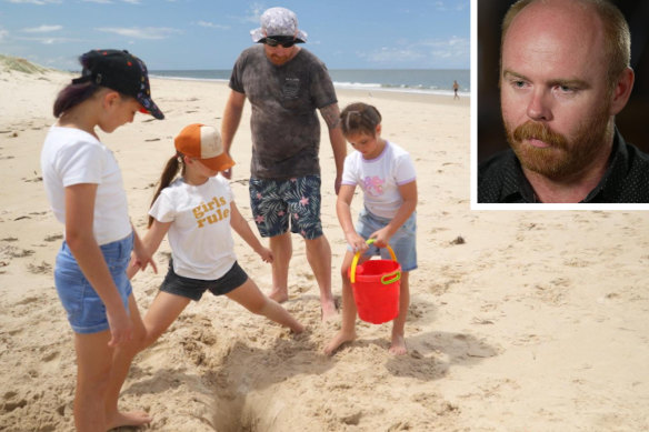 Josh Hunt (inset) and with his young family on the beach.